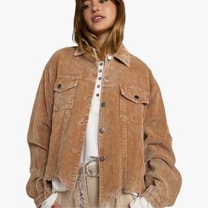 Vici • Chestnut Brown Distressed Asymmetrical Hem Corduroy Oversized Jacket M